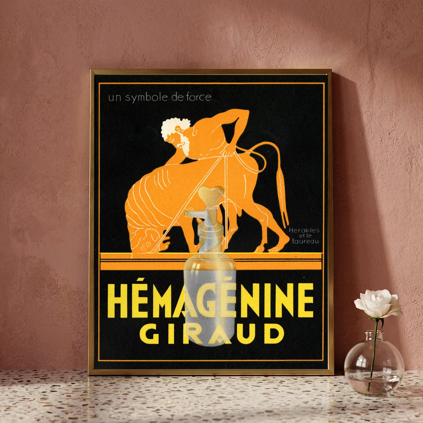 Vintage-Reklame für Hémagénine Giraud mit der Darstellung von Herakles, der einen Stier bändigt.
