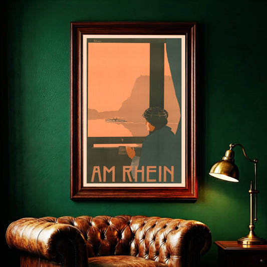 Vintage Poster Am Rhein von Ernst Wiemann 1907 mit Blick aus dem Fenster auf einen Flussdampfer.