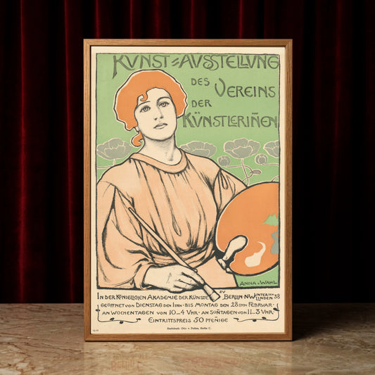 Vintage Ausstellungsplakat von Anna von Wahl 1897 mit einer Malerin und Palette.