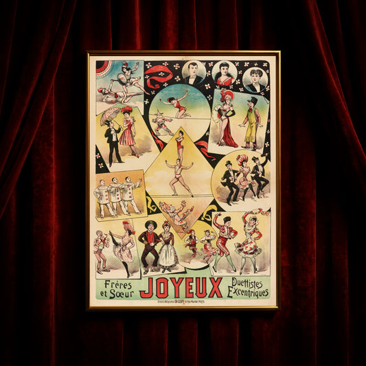 Antikes Werbeplakat für eine exzentrische Theatergruppe der Belle Époque.
