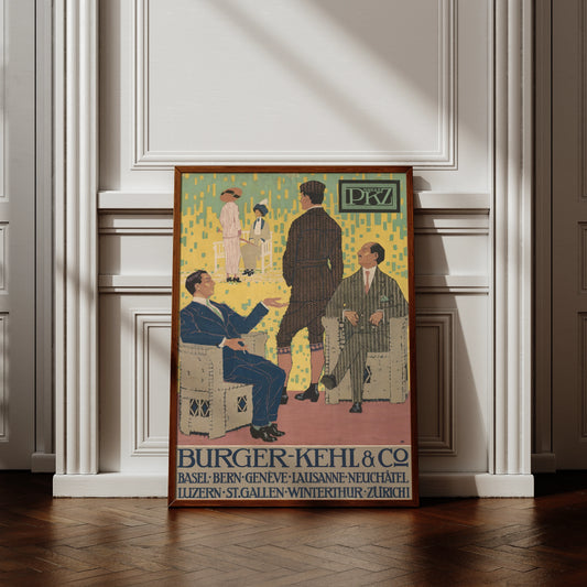 Historisches Werbeplakat von Burger-Kehl & Co aus dem Jahr 1913 von Burkhard Mangold mit drei elegant gekleideten Herren.