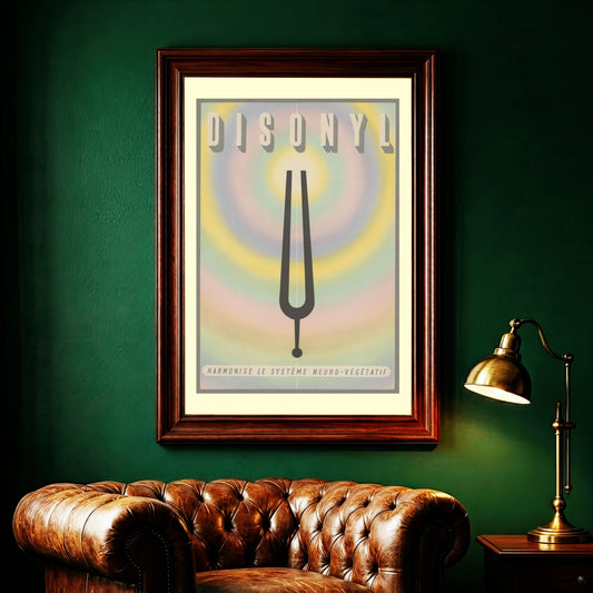Vintage Poster Entwurf für Disonyl mit einer schwarzen Stimmgabel auf konzentrischen Farbkreisen.