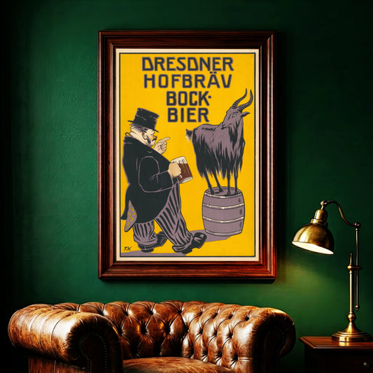 Historisches Werbeposter Dresdner Hofbräu Bock-Bier von 1899 mit Mann und Ziegenbock.
