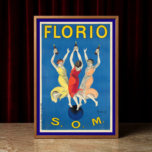 Vintage Werbeplakat von Leonetto Cappiello für Florio Marsala aus dem Jahr 1911 mit drei tanzenden Frauen auf einer Kugel.