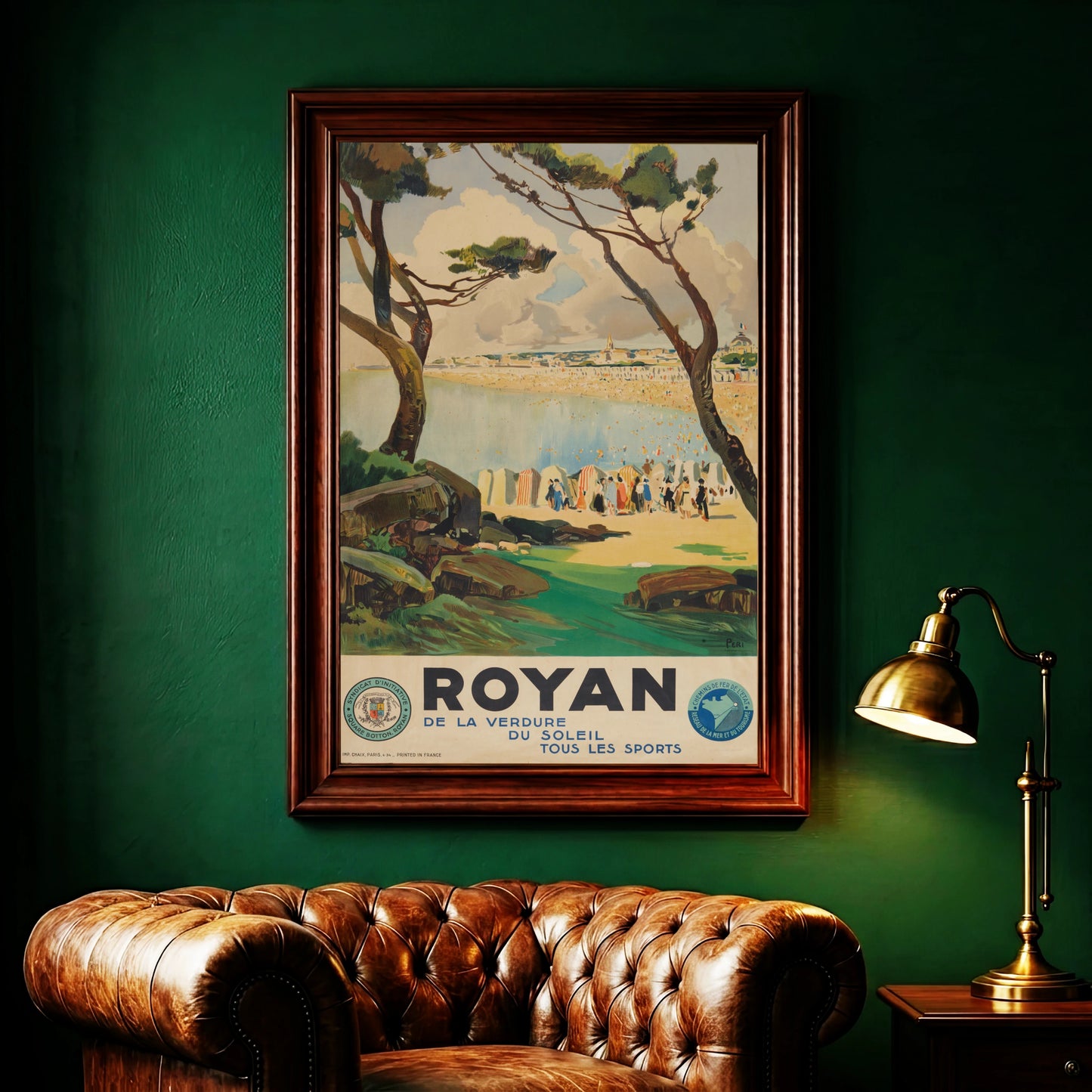 Illustration eines belebten französischen Badestrandes in Royan mit historischen Badezelten.