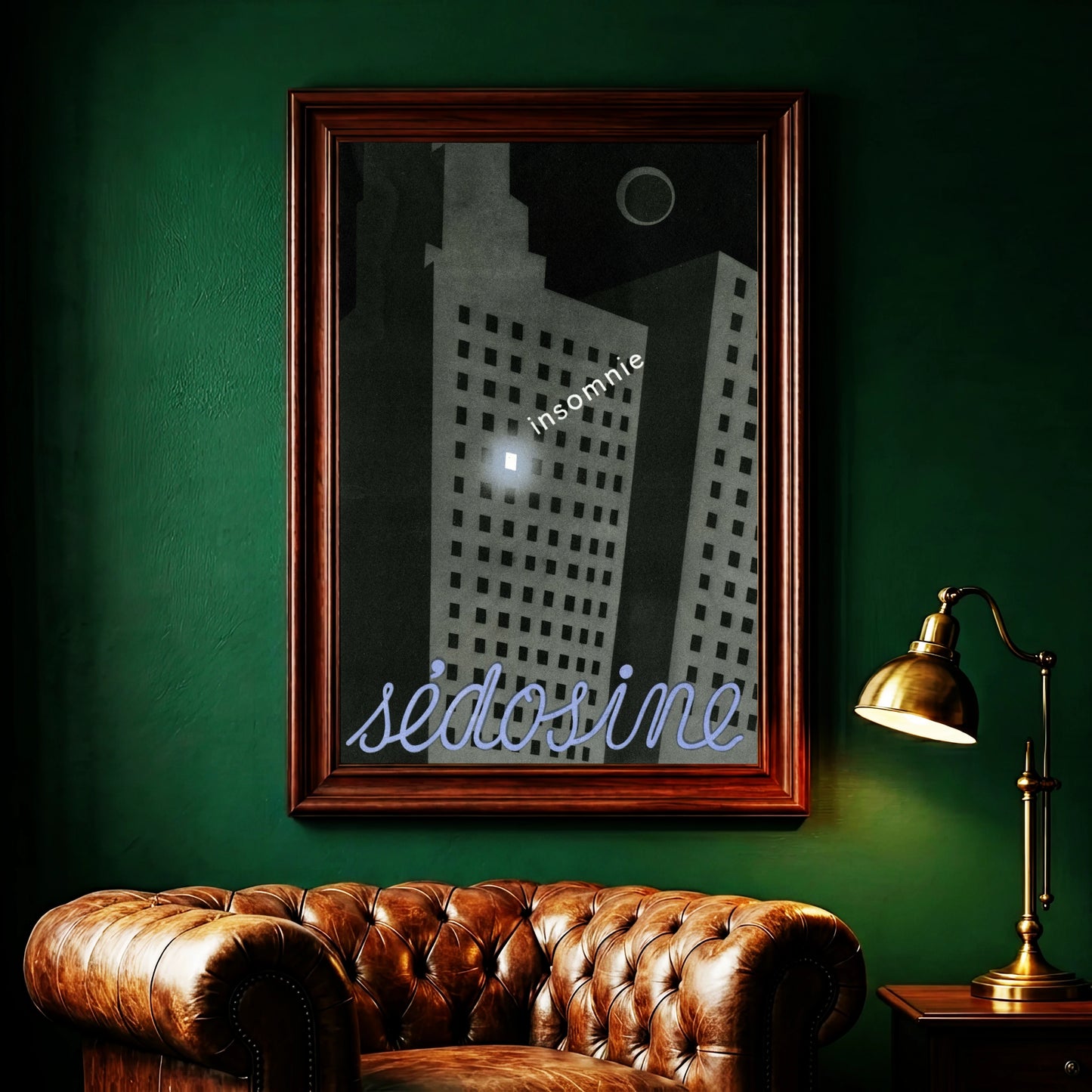 Grafisches Poster einer modernen Fassade bei Nacht mit Vollmond.
