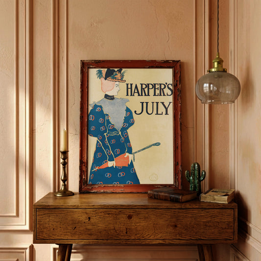 Vintage Poster von Harper’s July 1896 zeigt eine Frau in einem blauen gemusterten Kleid mit Hut.