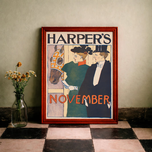 Harper's November 1895 Cover-Illustration von Edward Penfield mit eleganter Dame und Herr.