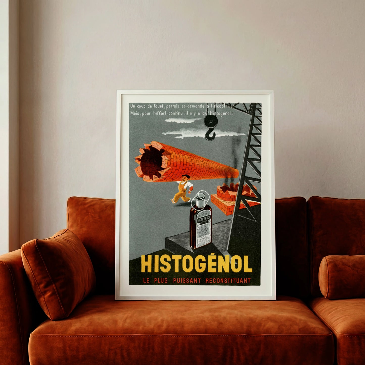 Grafisches Plakat in Orange und Grau zeigt ein medizinisches Fläschchen Histogénol.