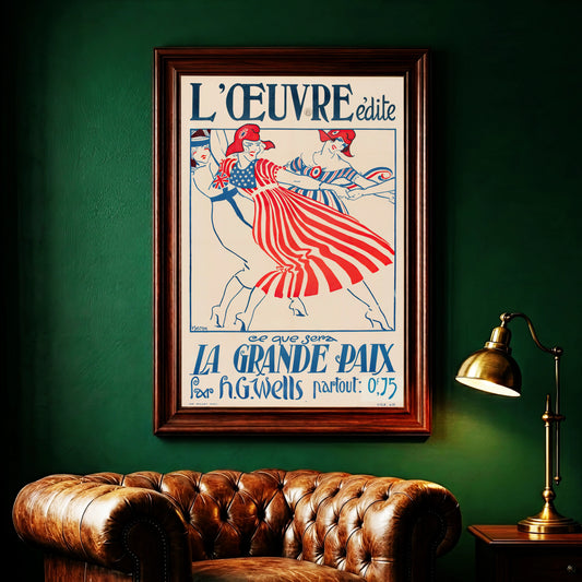 Historisches Werbeplakat für H.G. Wells Buch mit Fokus auf internationale Solidarität.