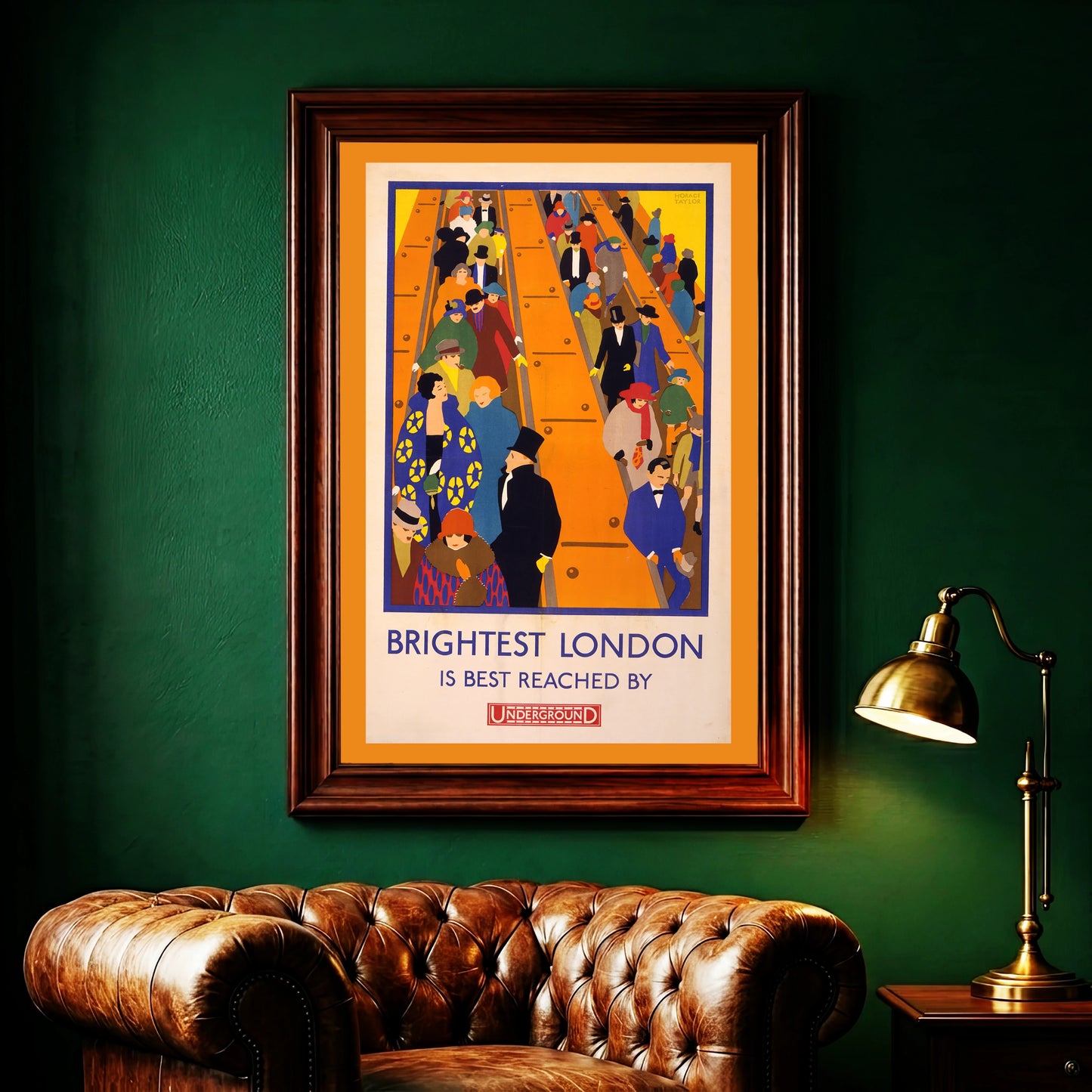 Londoner U-Bahn Werbung im Stil der 1920er Jahre mit lebhaften Orange- und Blautönen.