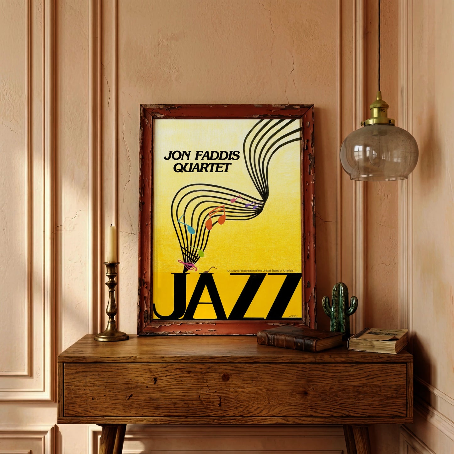 Minimalistisches Musik-Kunstdruck-Motiv für das Jon Faddis Quartet im Retro-Stil.