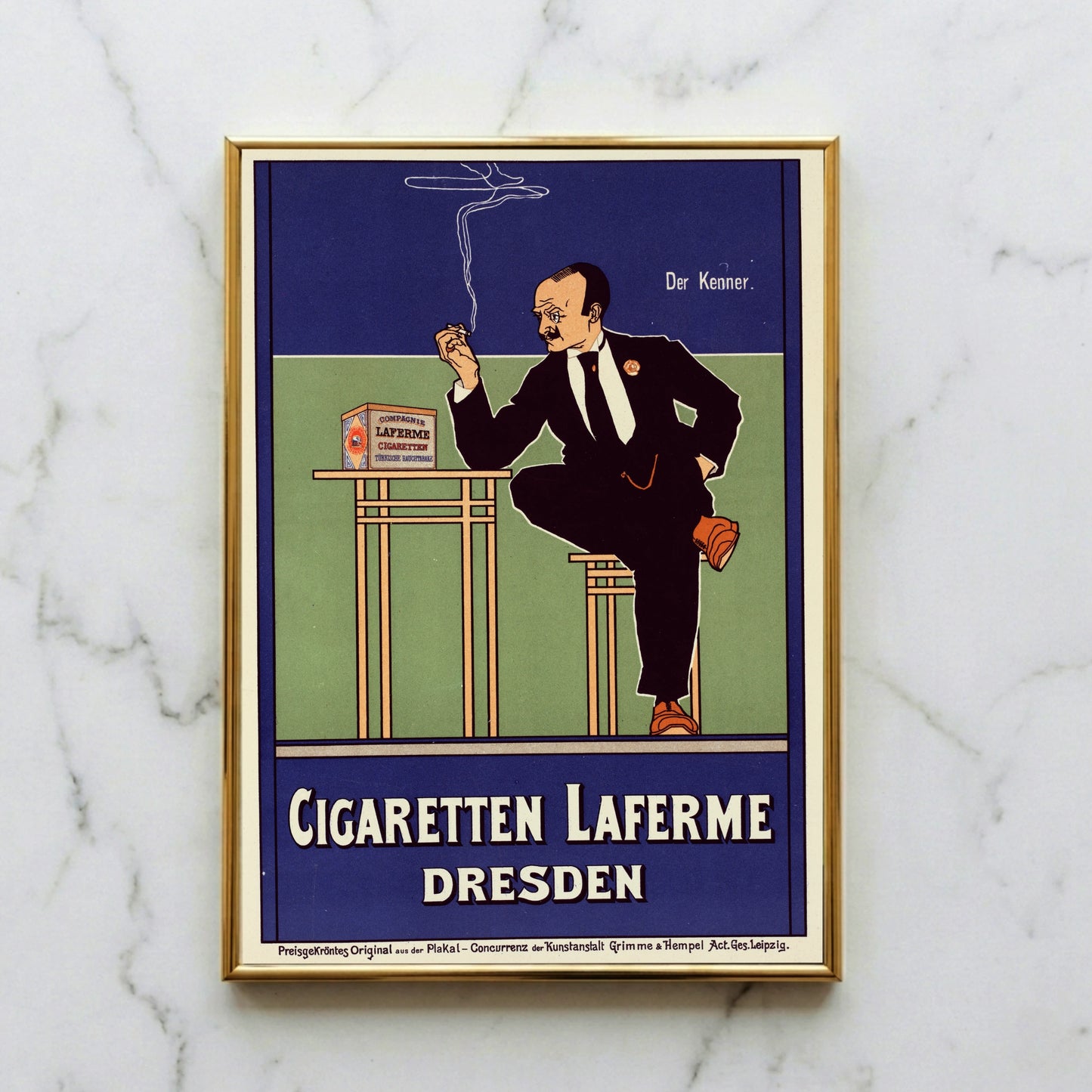 Historisches deutsches Zigarettenplakat mit der Aufschrift Der Kenner und Laferme Dresden.