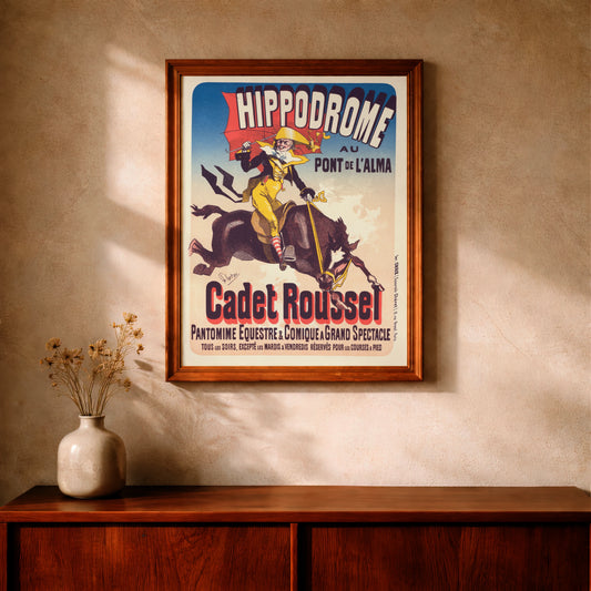 Vintage Poster von Jules Chéret zeigt Cadet Roussel auf einem Pferd mit rotem Regenschirm.