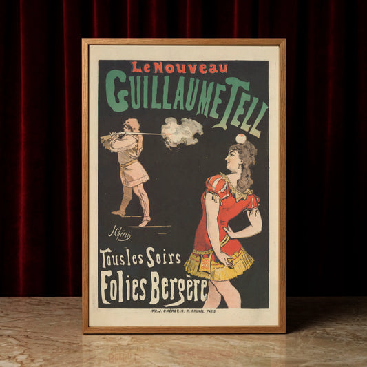 Vintage Plakat von Jules Chéret für das Folies Bergère mit einer Frau in rotem Kleid und einem Apfel auf dem Kopf.