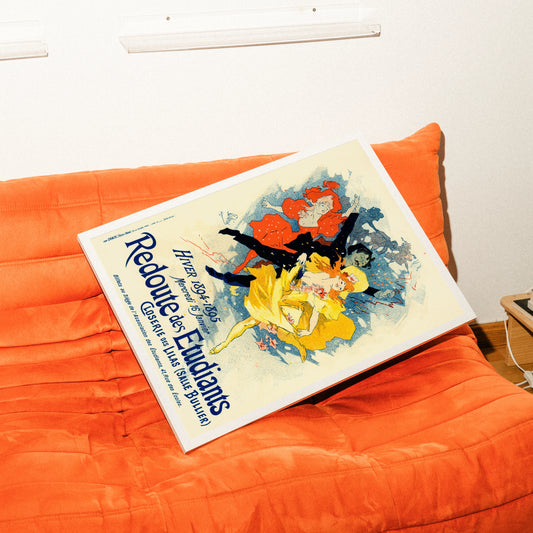 Vintage Poster Redoute des Étudiants von Jules Chéret mit tanzenden Figuren in Gelb und Rot.