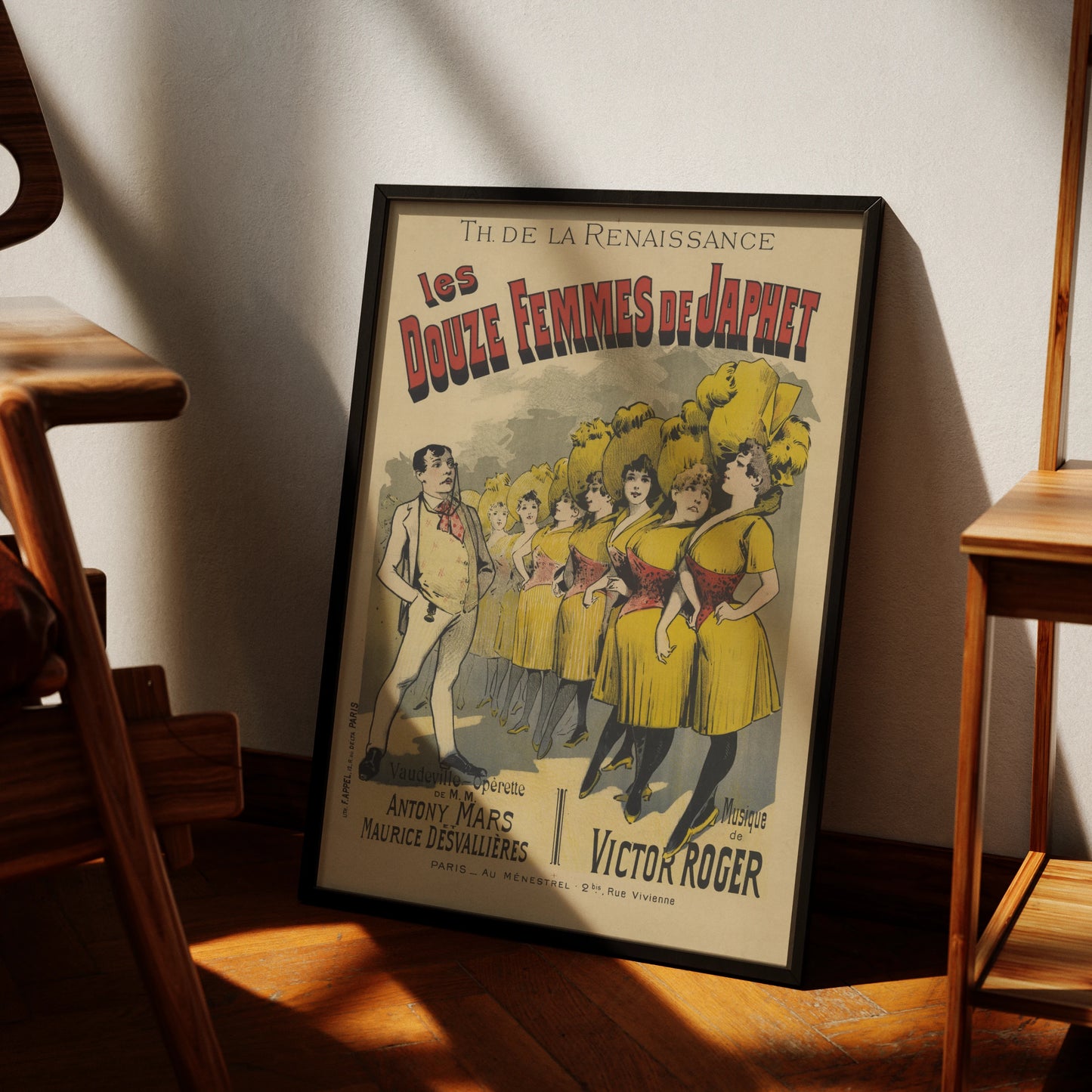 Französisches Theaterplakat von 1891 mit einer Reihe von Frauen in gelben Kleidern und großen Hüten.