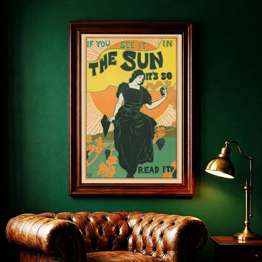 Louis Rhead 'The Sun' Poster von 1895 mit einer Frau im Weinberg vor einer großen Sonne.
