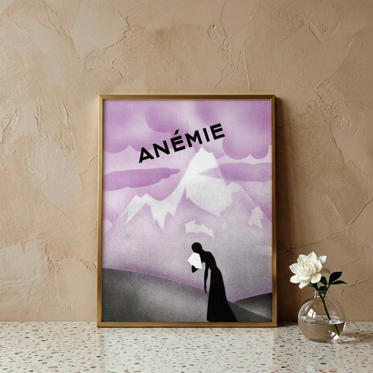 Vintage Werbeplakat für Mangano-Sérum mit einer Silhouette vor Bergen.