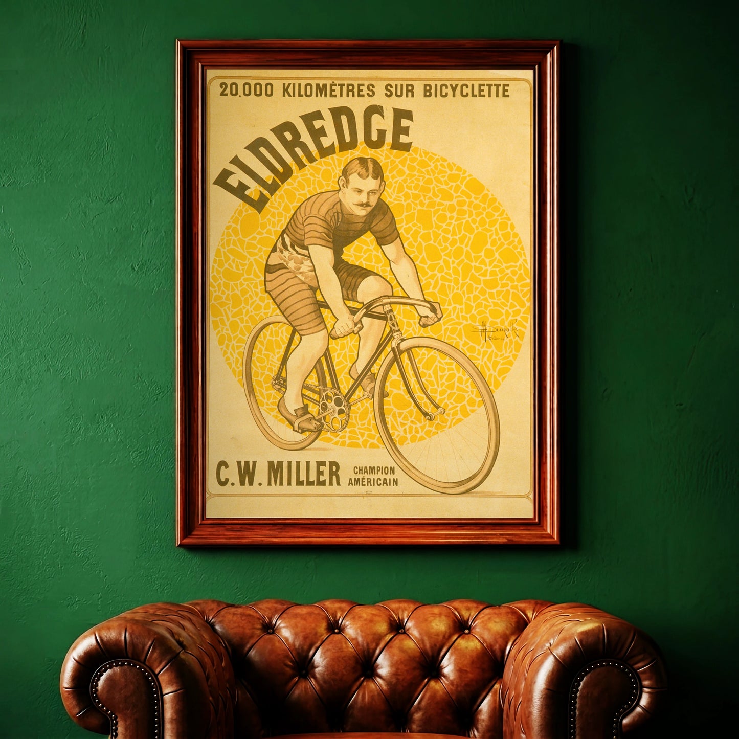 Gelbes Vintage Werbeplakat für Eldredge Fahrräder mit 20.000 km Slogan.