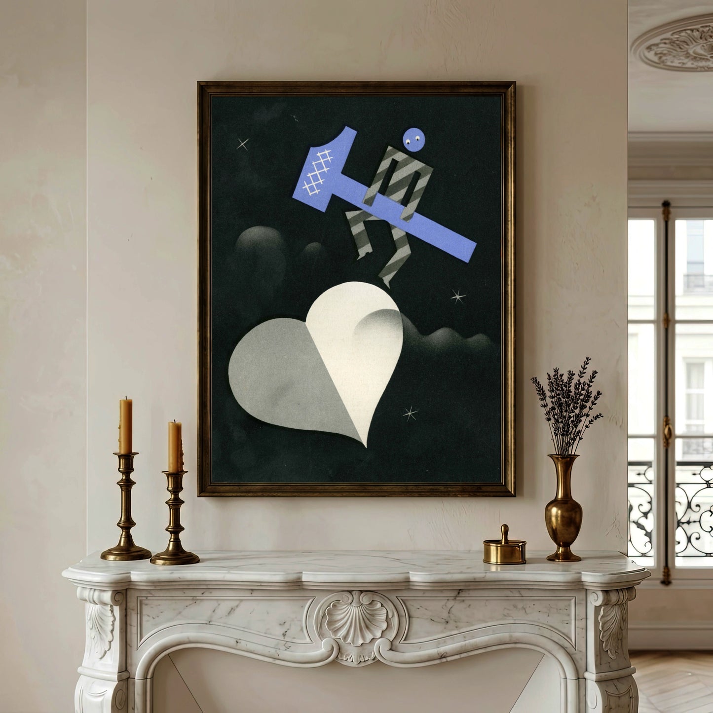 Modernistische Illustration von Michel Bouchaud zeigt eine Figur mit blauem Hammer auf einem weißen Herz.