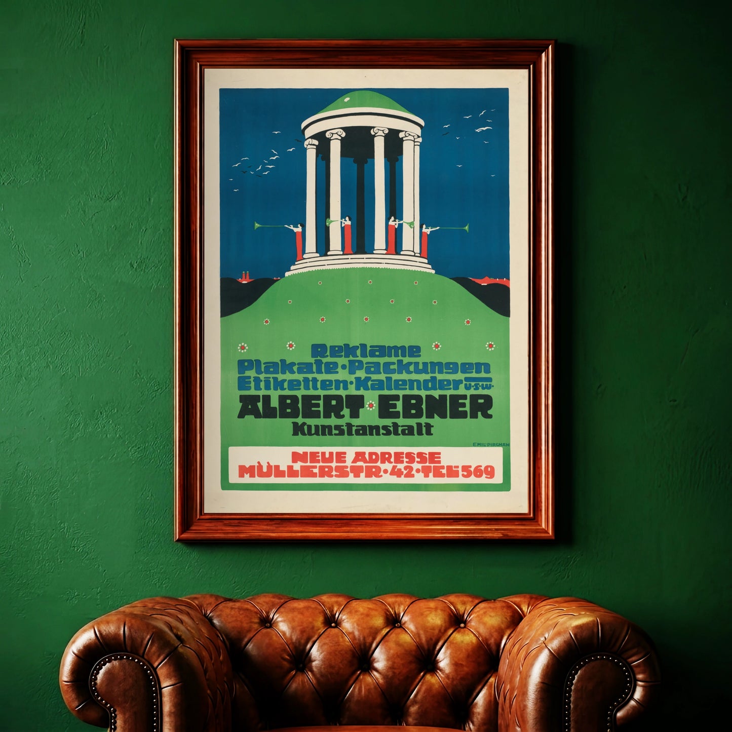 Illustratives Kunstplakat mit weißem Tempel und Vögeln am Himmel im Stil der frühen Moderne.