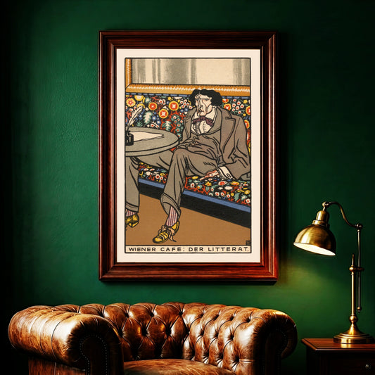 Eine farbenfrohe Illustration eines Mannes im Wiener Café von 1911.
