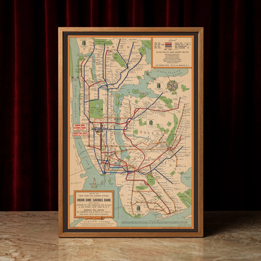 Vintage New York City Subway Map aus dem Jahr 1954 mit farbigen Linienetz.