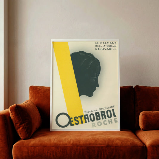 Vintage Pharma-Poster Oestrobrol von Roche mit schwarzer Frauensilhouette und gelbem Balken.