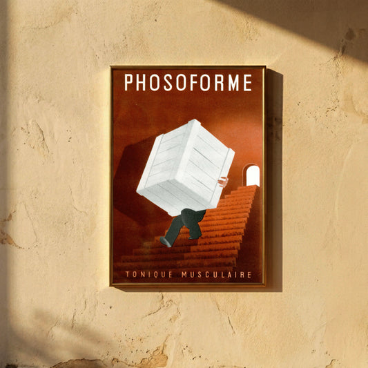 Vintage Werbeplakat für Phosoforme Stärkungsmittel mit Mann der schwere Kiste trägt.