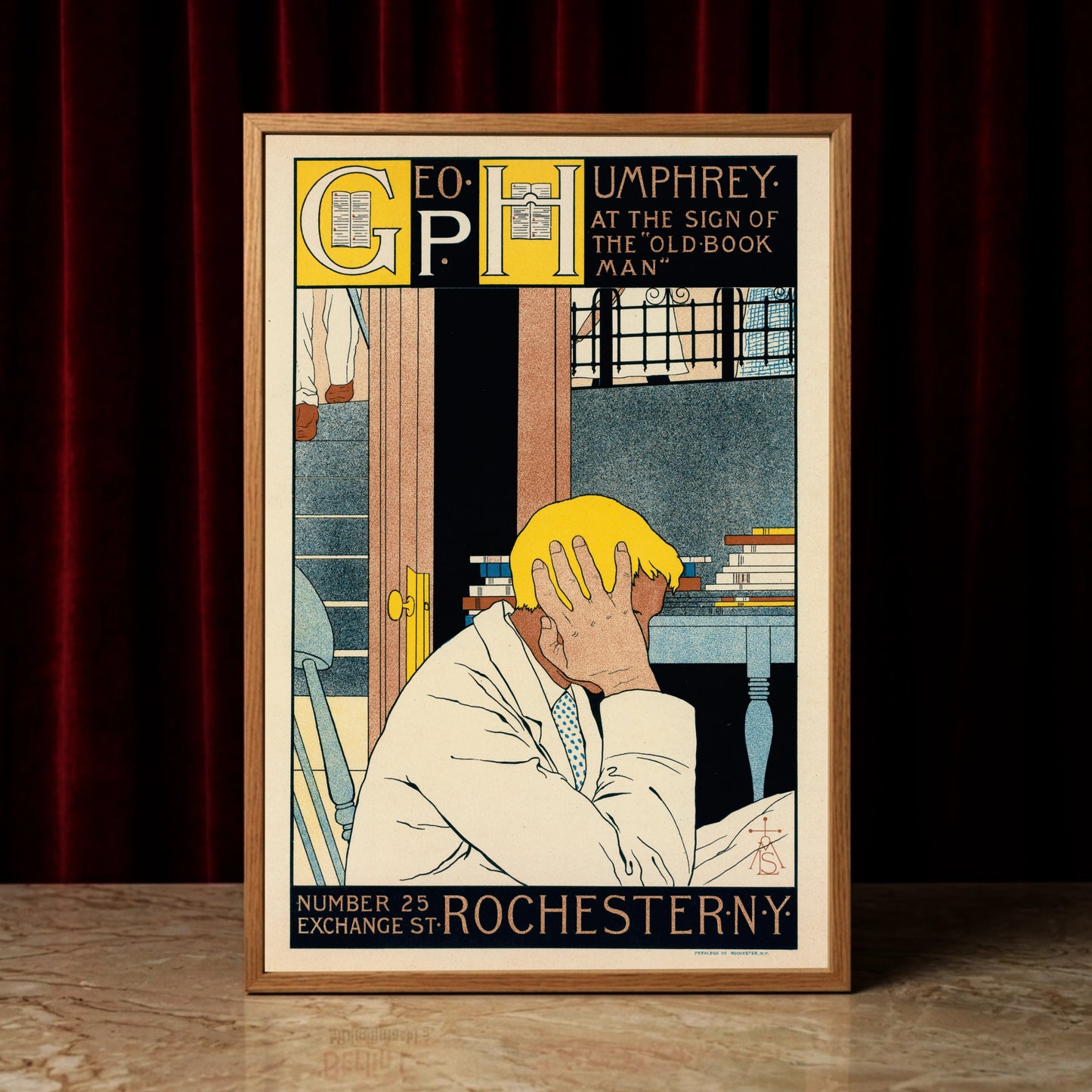 Art Nouveau und Arts and Crafts beeinflusstes Poster 'The Old Book Man' mit typografischen Details.