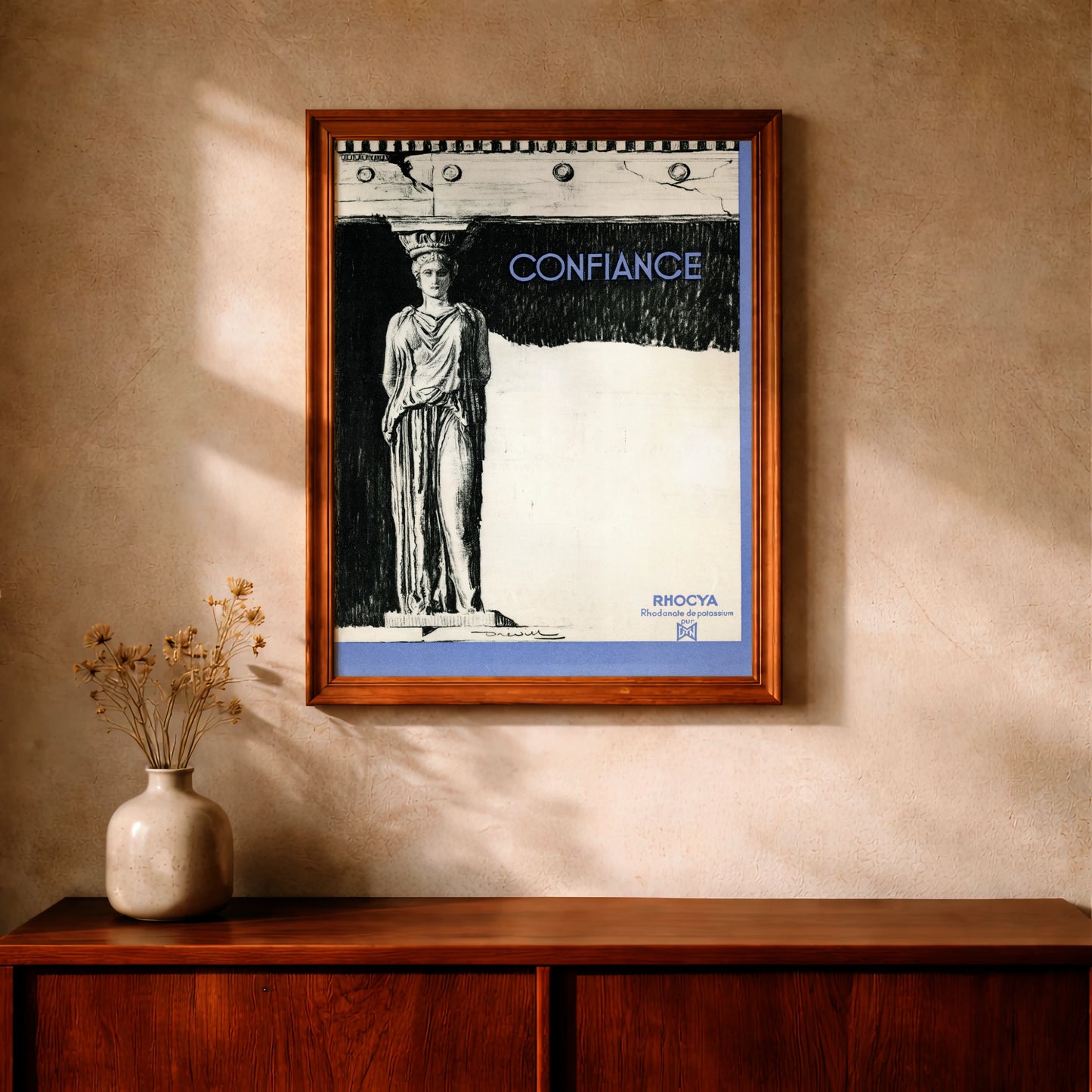 Detailreiche Skizze einer griechischen Säulenfigur auf einem medizinischen Vintage-Poster.