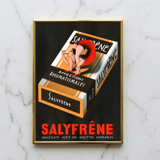 Vintage Poster Salyfrêne mit einer Akrobatin auf einer Medikamentenschachtel im Art Déco Stil.