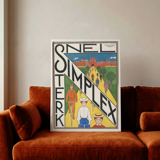 Farbenfrohes Vintage-Plakat für Simplex Fahrräder von 1897 mit Radfahrern auf gelbem Weg.