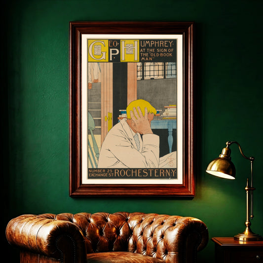 In Gedanken versunkener Mann am Schreibtisch mit Büchern im Stil des Art Nouveau.