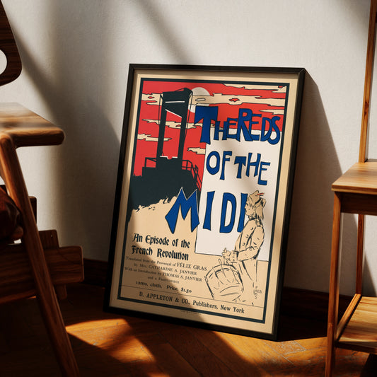 Historisches Poster 'The Reds of the Midi' von 1896 mit Silhouette einer Guillotine und rotem Himmel.