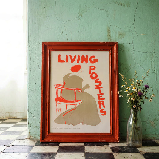 Vintage-Plakat mit vertikalem Schriftzug Living Posters in leuchtendem Rot.