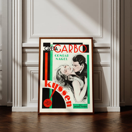 Illustriertes Porträt einer Umarmung zwischen Greta Garbo und Conrad Nagel in Rot und Türkis.