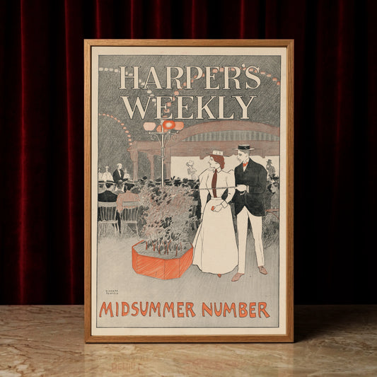 Historisches Poster zeigt einen Mann mit Gehstock und eine Frau in weißem Kleid vor einer Menschenmenge.