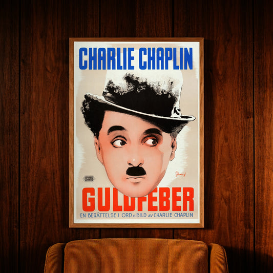 Schwedisches Kino-Plakat The Gold Rush mit Charlie Chaplin Illustration.
