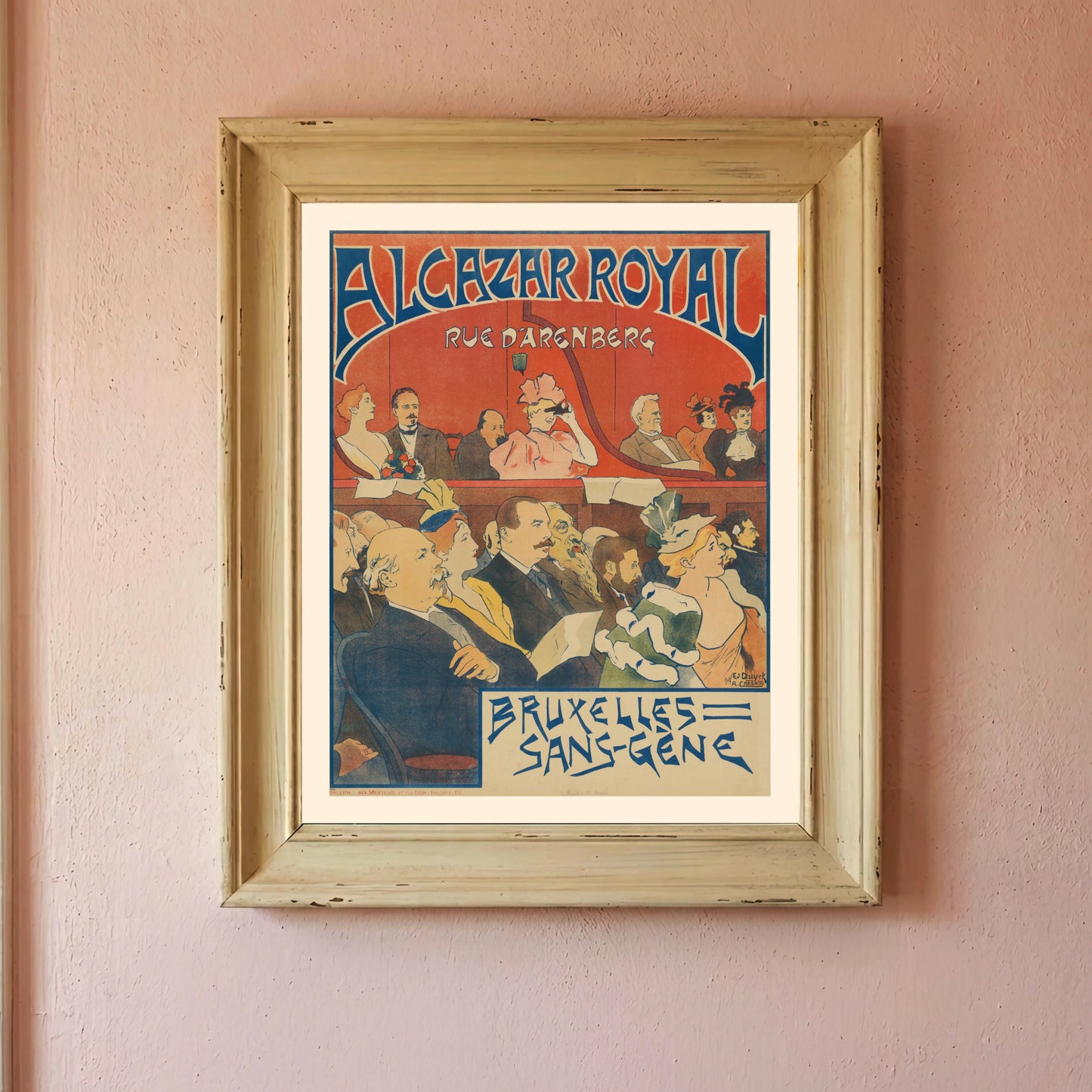 Vintage Belgisches Theaterplakat von 1894 mit detaillierten Porträts.