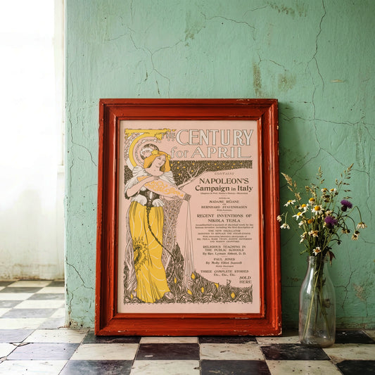 Vintage Kunstplakat in Rosa und Gelb mit floralen Elementen und klassischer Typografie.