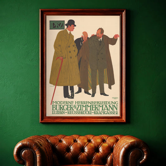 Grafisches Poster mit Herrenmode-Motiv, einem Mann mit Melone und Gehstock im Fokus.