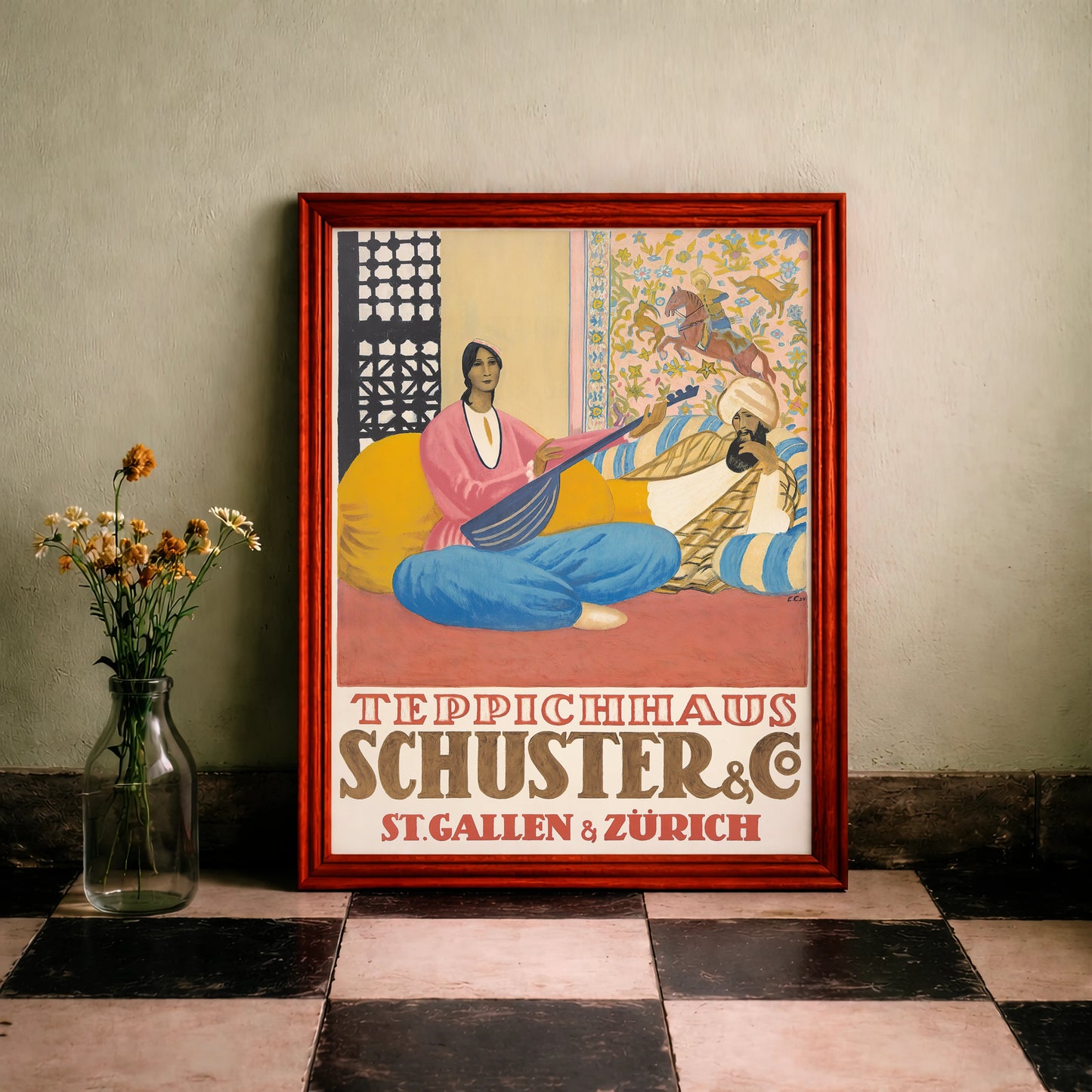 Detailreiches Schweizer Werbeplakat für Orientteppiche mit historischer Typografie.