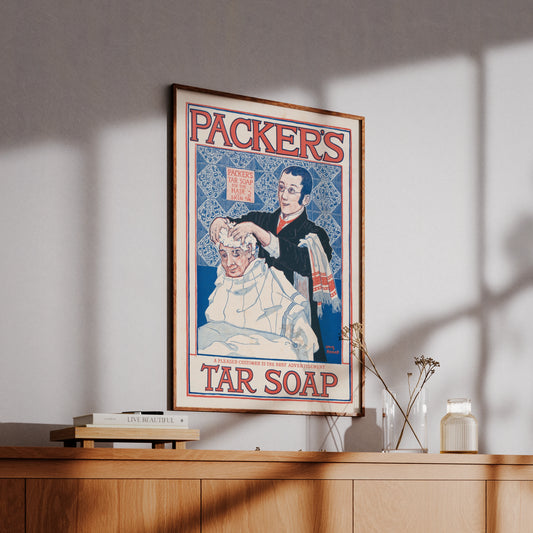 Illustration eines Barbiers, der einen Kunden einseift, in blau-rotem Grafikstil.