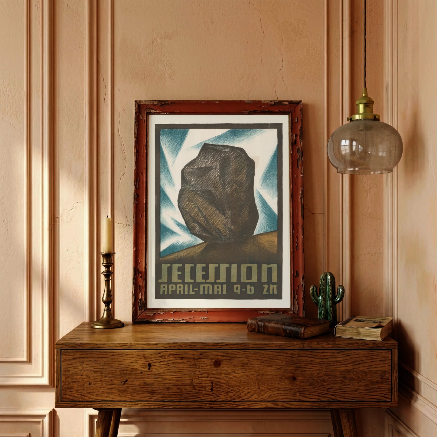 Vintage-Lithografie der Wiener Secession mit monumentaler Felsdarstellung.