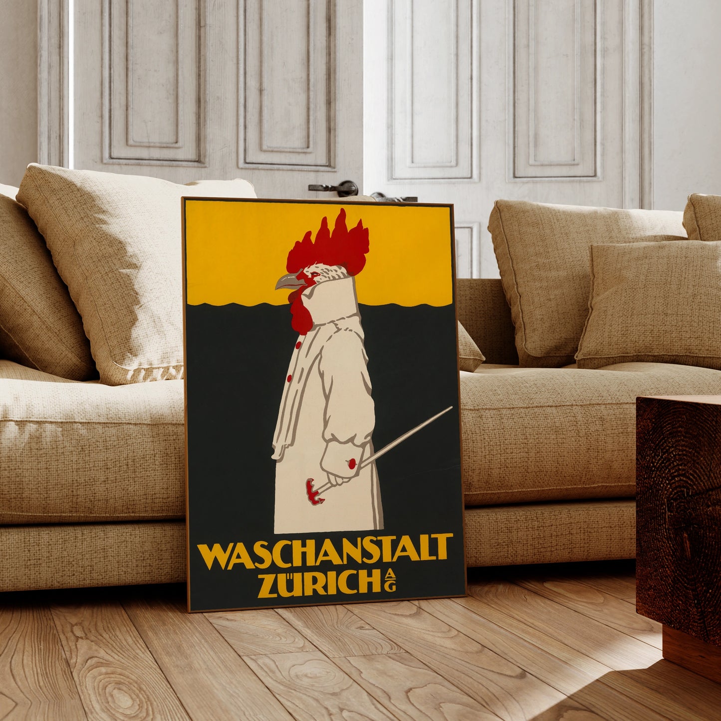 Vintage Poster Waschanstalt Zürich AG von 1904 mit einem Hahn in weißem Mantel.
