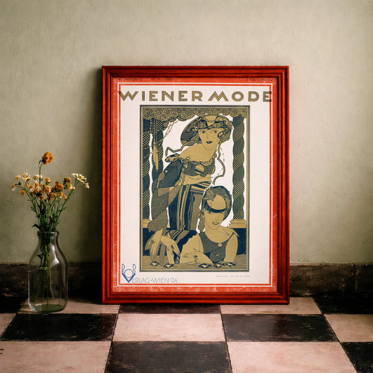 Wiener Mode Plakat von 1928 gestaltet von Julius Klinger mit stilisierten Frauenfiguren.