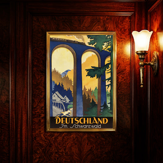Vintage Reiseplakat Deutschland im Schwarzwald von 1925 mit hohem blauen Viadukt und dampfendem Zug.
