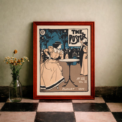 Historisches Magazincover The Poster von 1899 mit sitzender Frau, Tisch und Abendkulisse.
